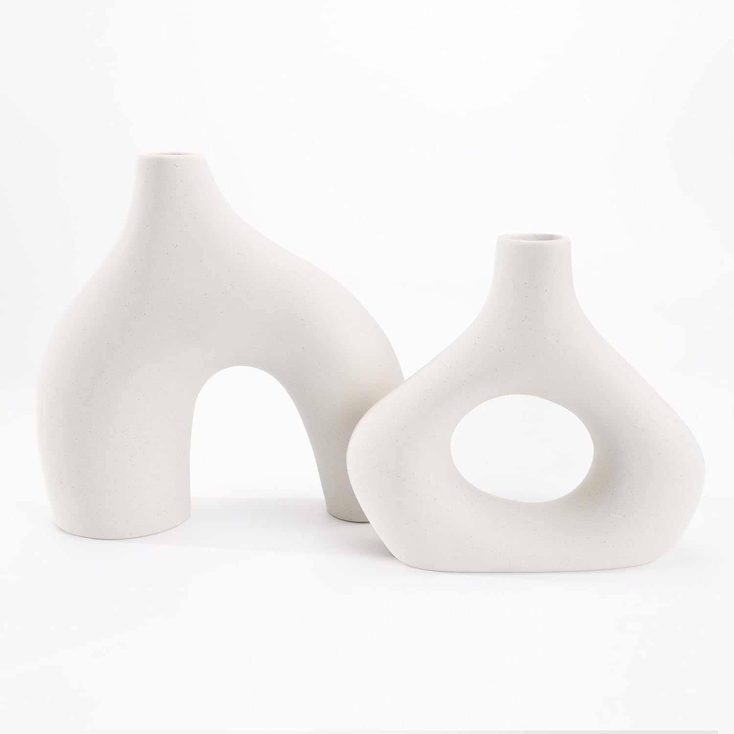 White Ceramic Vase Set of 2, Minimalist Hollow Donut Vases for Pampas Grass, Dried Flowers, Table, Countertops, Boho Modern Decorative Vase for Home Decor, Living Room, Bedroom, Farmhouse