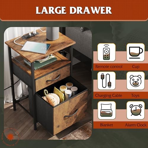 WLIVE Night Stand Set 2, Nightstand with Charging Station, Bedside Tables for Bedroom, Side Table with Fabric Drawers, USB Ports and Outlets, Rustic Brown