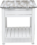 Pemberly Row Contemporary Wood End Table with Drawer, White/Gray Finish, 24" H x 22" W x 24" D, Solid Mindi and White Cedar Wood, Coastal Style, Textured Design, Ball Bearing Glides, Living Room Side