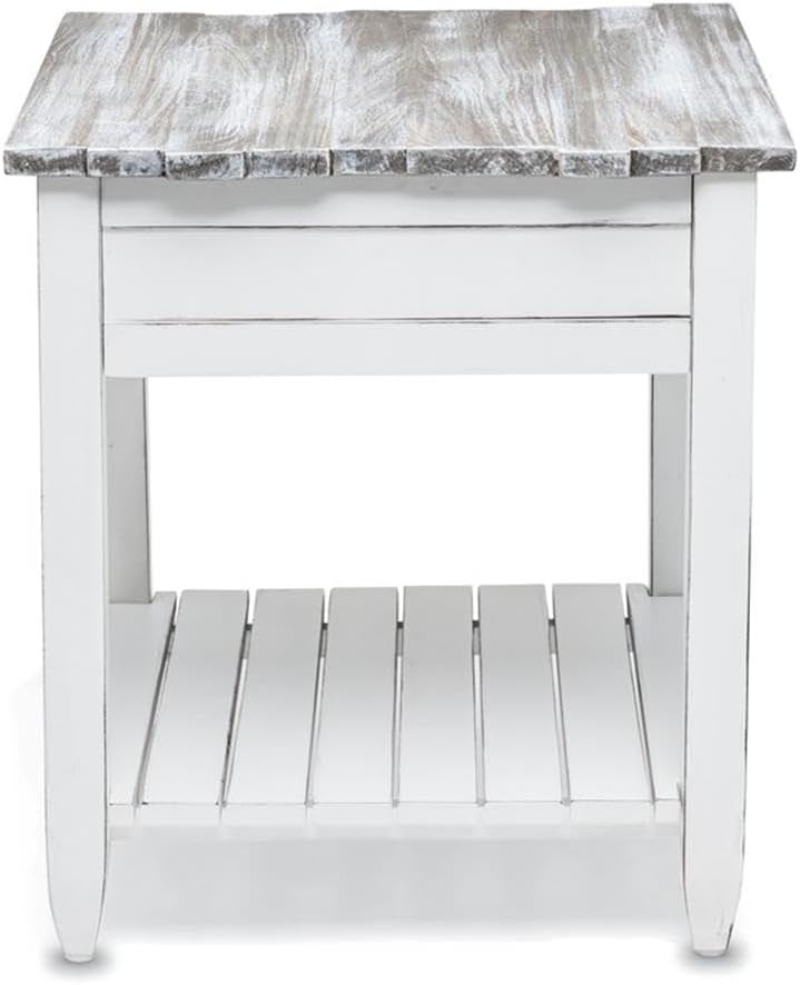 Pemberly Row Contemporary Wood End Table with Drawer, White/Gray Finish, 24" H x 22" W x 24" D, Solid Mindi and White Cedar Wood, Coastal Style, Textured Design, Ball Bearing Glides, Living Room Side