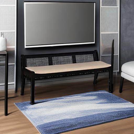 Powell Kasi Black Low Back Cane Bench with Beige Upholstered Seat
