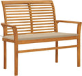 44.1 Inch Solid Teak Wood Garden Bench, Two Seater Outdoor Patio Seat with Beige Cushion, Sturdy Wooden Park Bench for Backyard Deck