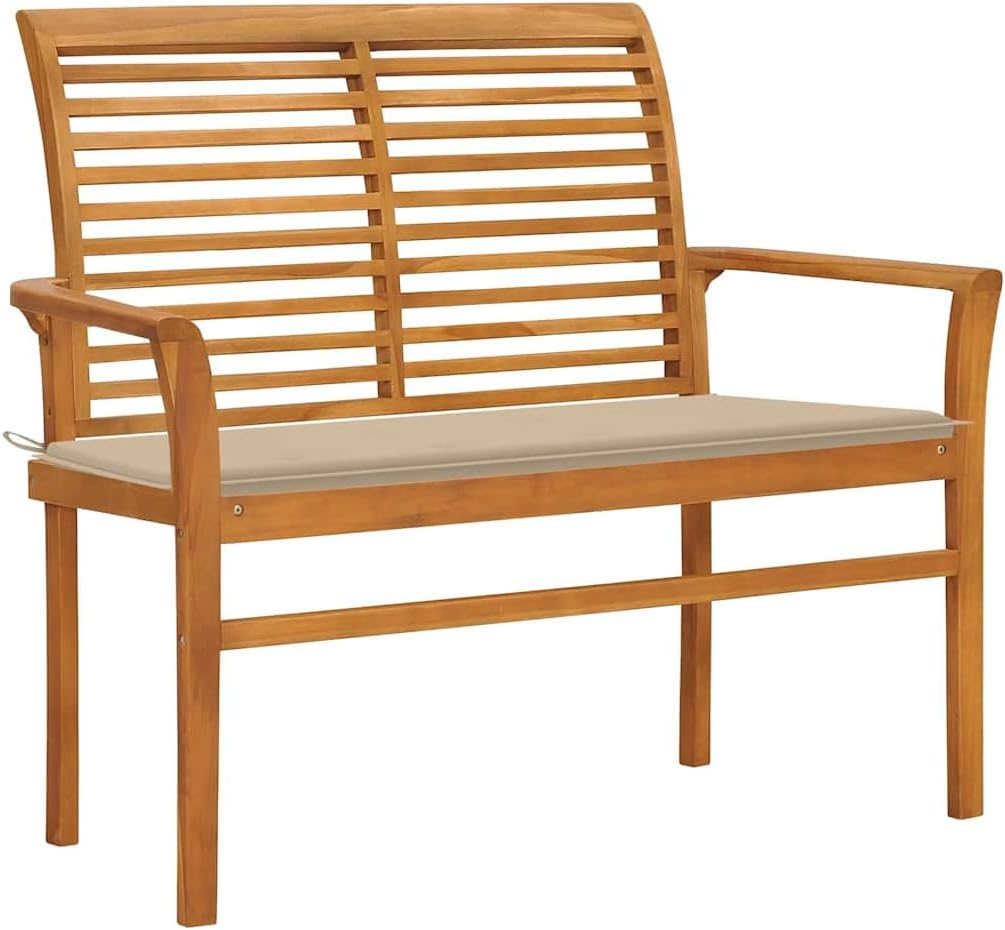 44.1 Inch Solid Teak Wood Garden Bench, Two Seater Outdoor Patio Seat with Beige Cushion, Sturdy Wooden Park Bench for Backyard Deck