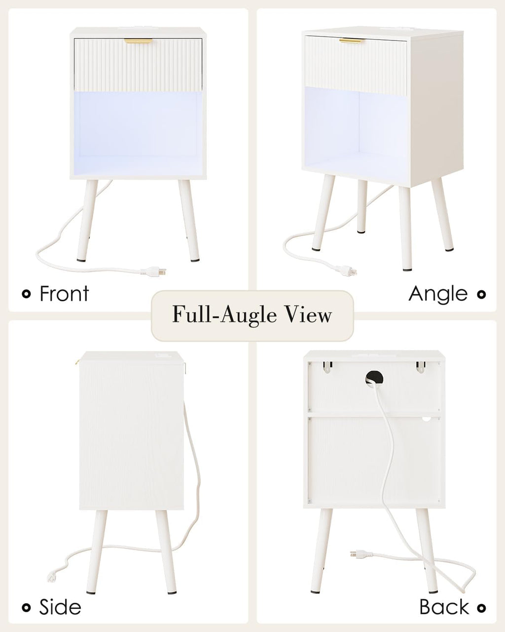 White Fluted Nightstand with Charging Station, Modern Bedside Table with Storage Drawer, Wood Night Stand Side End Table for Bedroom, Living Room, Office