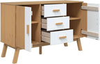 White and Brown Solid Pine Wood Sideboard with Multiple Drawers and Doors for Dining Room Living Room Hallway Storage Modern Scandinavian Design Furniture
