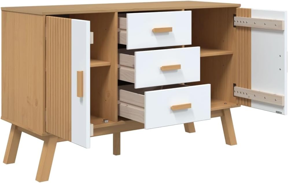 White and Brown Solid Pine Wood Sideboard with Multiple Drawers and Doors for Dining Room Living Room Hallway Storage Modern Scandinavian Design Furniture