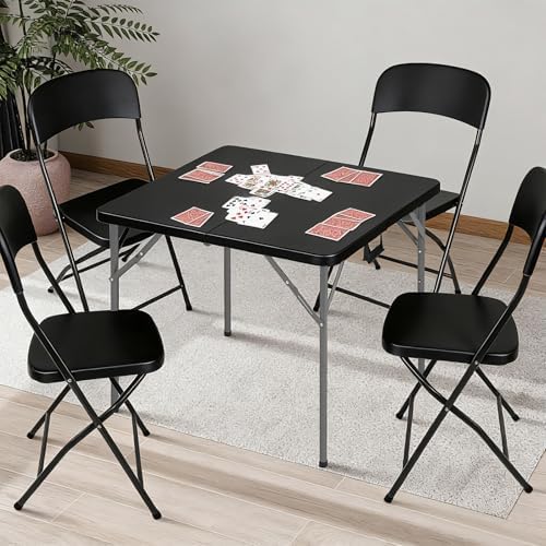 34'' Square Folding Card Table with Built in Handle & Steel Legs Black | 353LBS Capacity Heavy Duty HDPE Carry Handle Easily Lift Indoor Outdoor Utility for Picnic, Camping, Party & Tailgate