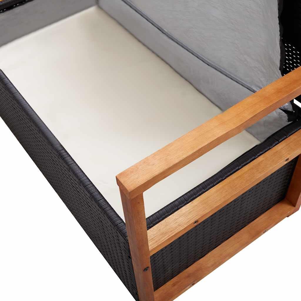 Poly Rattan Patio Storage Bench with Solid Acacia Wood Armrests and Backrest, Large Outdoor Storage Bench with Removable Seat Cushion