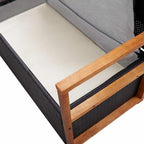 Patio Storage Bench, 45.3 Inch Poly Rattan and Solid Acacia Wood Garden Bench with Cushion, Outdoor Indoor Furniture Deck Box Storage Seat for Backyard, Black