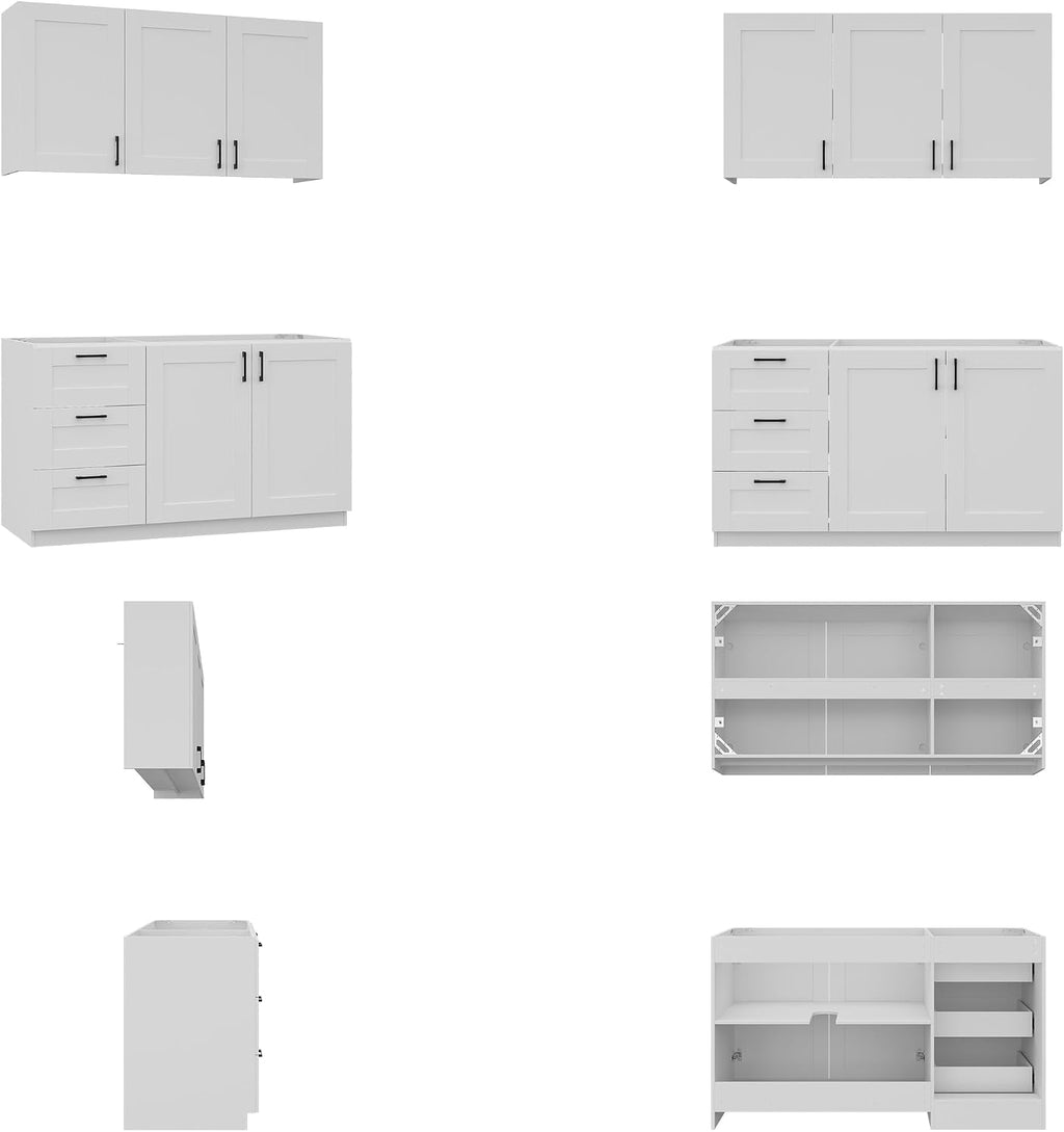 Homsee 60" W Modular Kitchen Pantry with Wall Cabinet, DIY Kitchen Cabinet Set Without Countertop, Modular Storage Cupboard with Drawers & Shelf, Large Storage Set for Dining Room, White