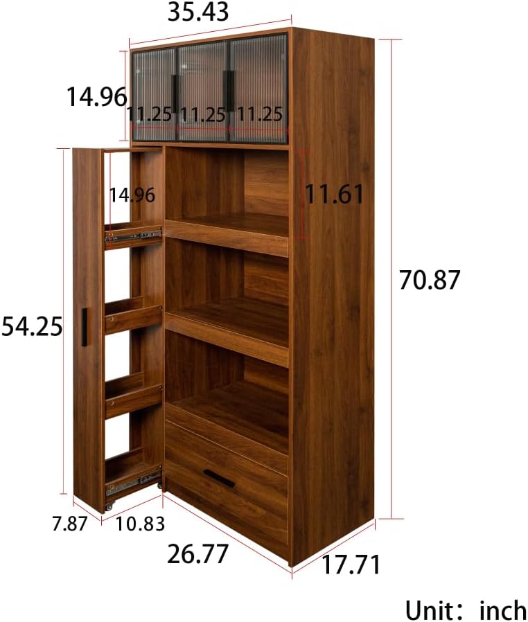 Modern Kitchen Pantry Cabinet with Glass Door, Walnut, 70.87" Tall Storage Hutch, Microwave Stand, Pull-Out Shelf, Dining Room Buffet