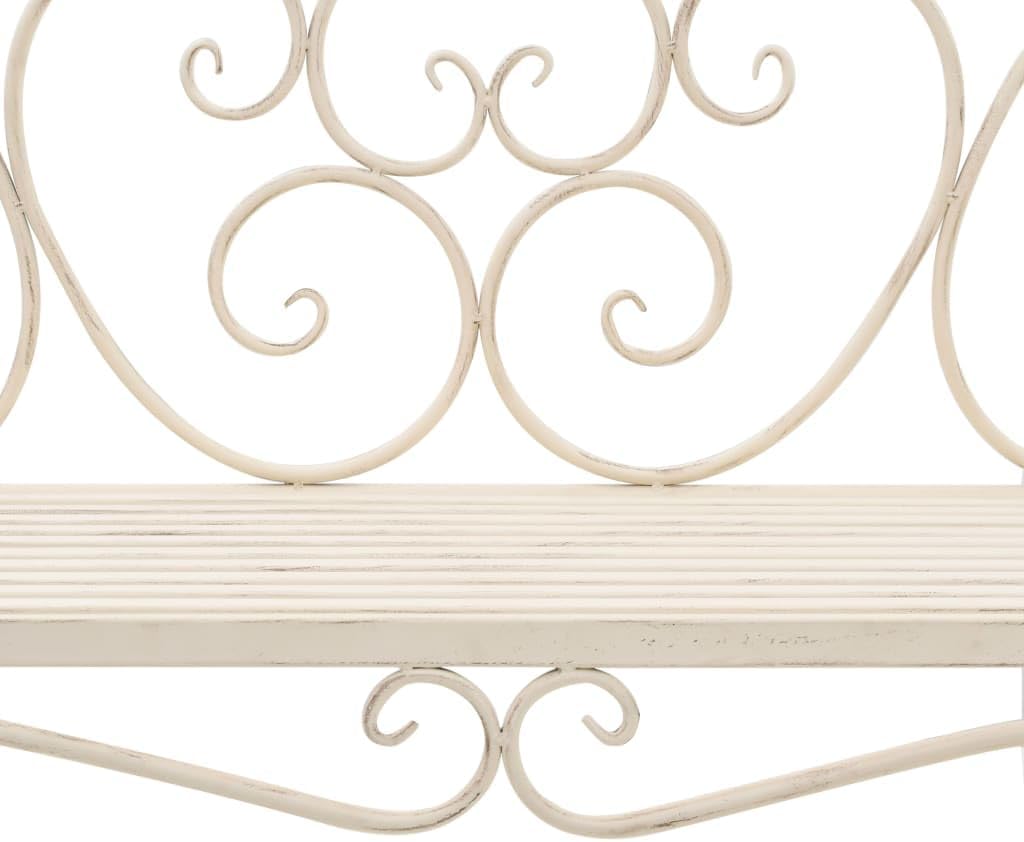 Garden Bench Antique White Metal 52 in Width Decorative Inlays,Sturdy Metal Garden Bench with Vintage Scroll Design, WeatherResistant and for Outdoor Use Patio Furniture