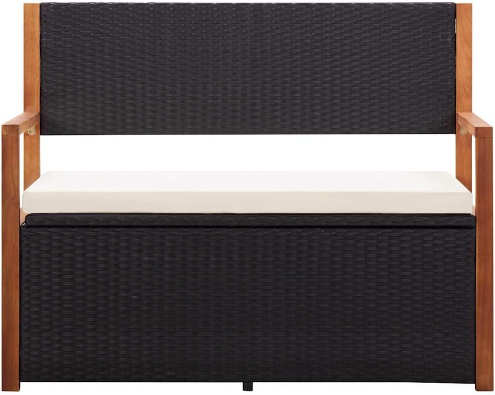 Poly Rattan Patio Storage Bench 45.3 Inch with Solid Acacia Wood Armrests, Removable Seat Cushion, Large Storage Space for Outdoor Garden