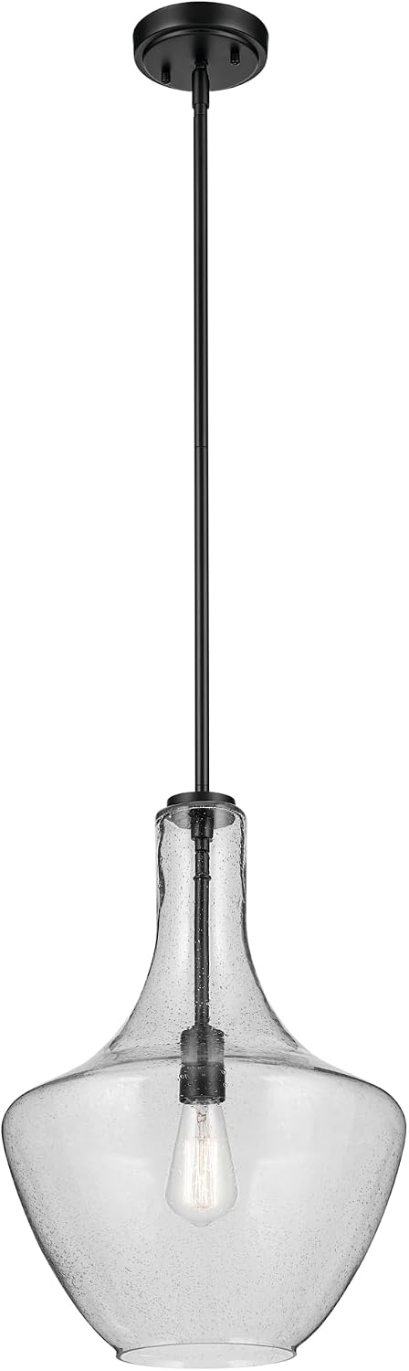 Kichler Everly 1-Light Bell Pendant Light Fixture with Clear Seeded Glass in Black for Kitchen Island, Dining Room, Bedroom, Modern Hanging Light (19.75" x 13.75"), 42046BKCS
