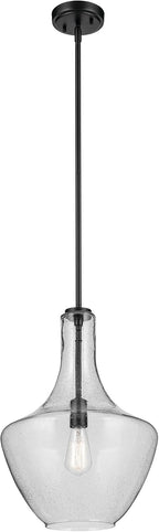 Kichler Everly 1-Light Bell Pendant Light Fixture with Clear Seeded Glass in Black for Kitchen Island, Dining Room, Bedroom, Modern Hanging Light (19.75" x 13.75"), 42046BKCS