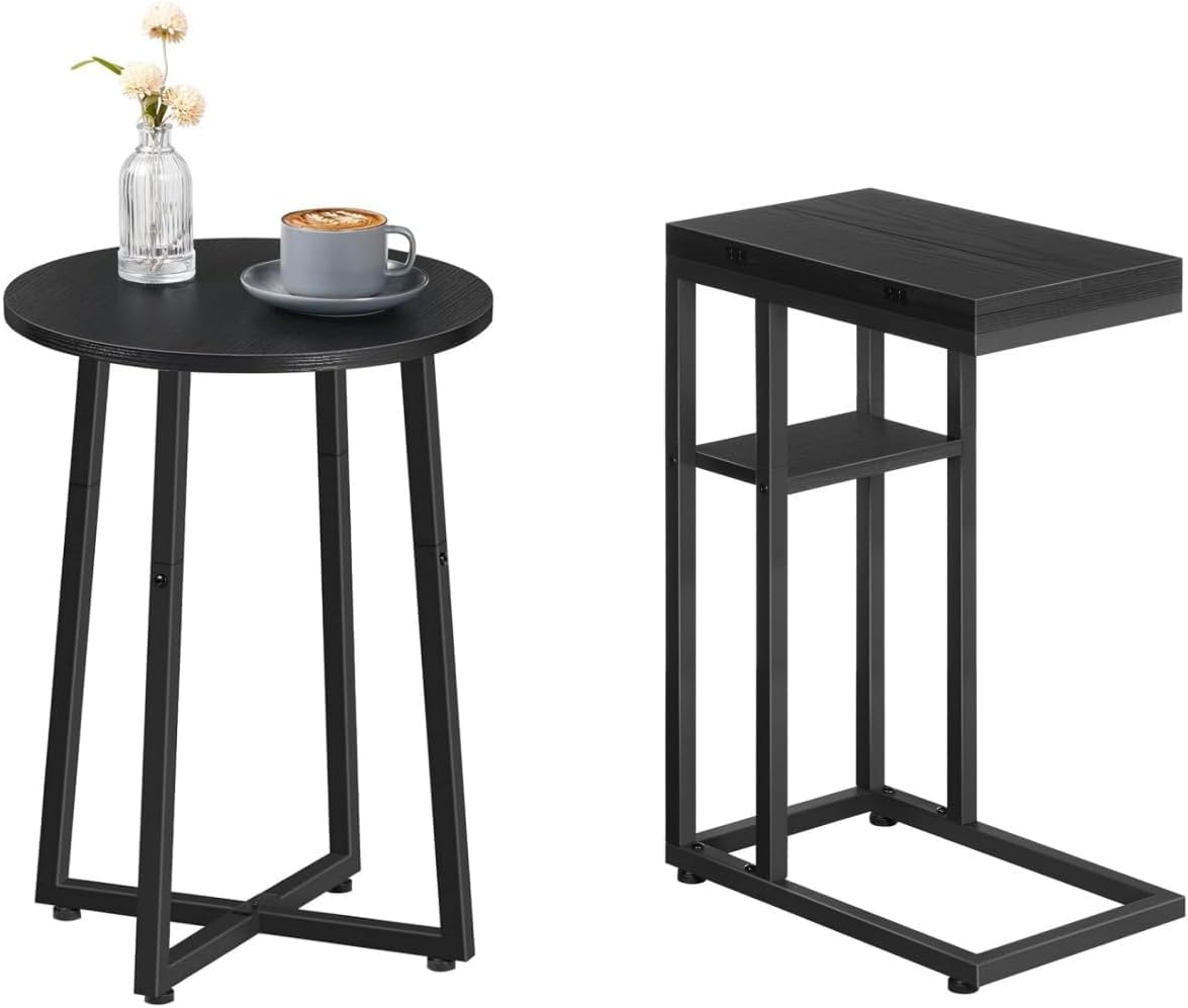 HOOBRO Side Table, Round End Accent Table with Sturdy Metal Pedestal, C Shaped Side Table with Storage Shelf, Small Snack Table BB95BZ01-BK29SF01
