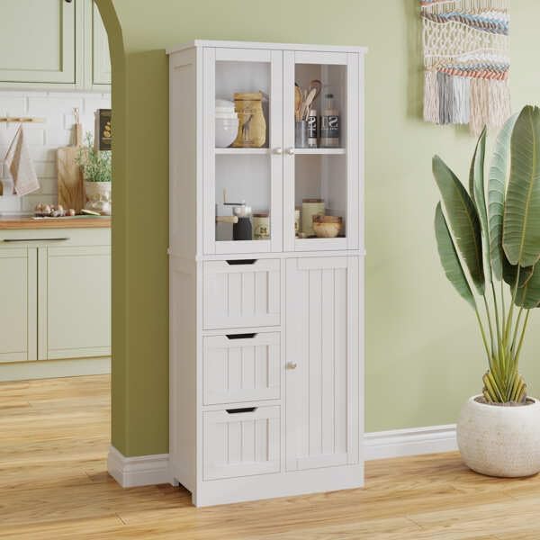 White Kitchen Pantry, Farmhouse Pantry Storage Farmhouse Storage Cabinet 3-Drawer 4-Layer Bathroom Cabinet, Organizer, Wood Cupboard for Kitchen, Cabinet for Entryway Hallway