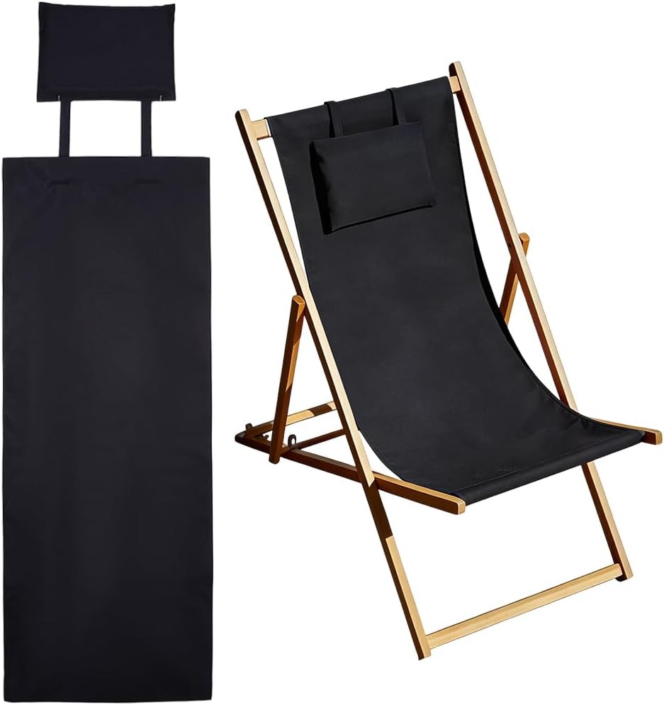 Beach Chair Replacement Cloth 146cmx43.2cm Lounge Chair Replacement Canvas Black Sling Chairs Replacement Fabric with Pillow for Sunbathing Courtyard Garden Beach