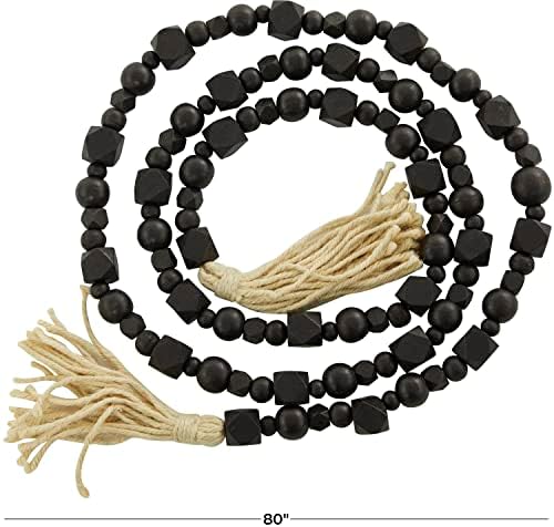 Deco 79 Wood Geometric Handmade Beaded Garland with Tassel, 1" x 1" x 80", Black