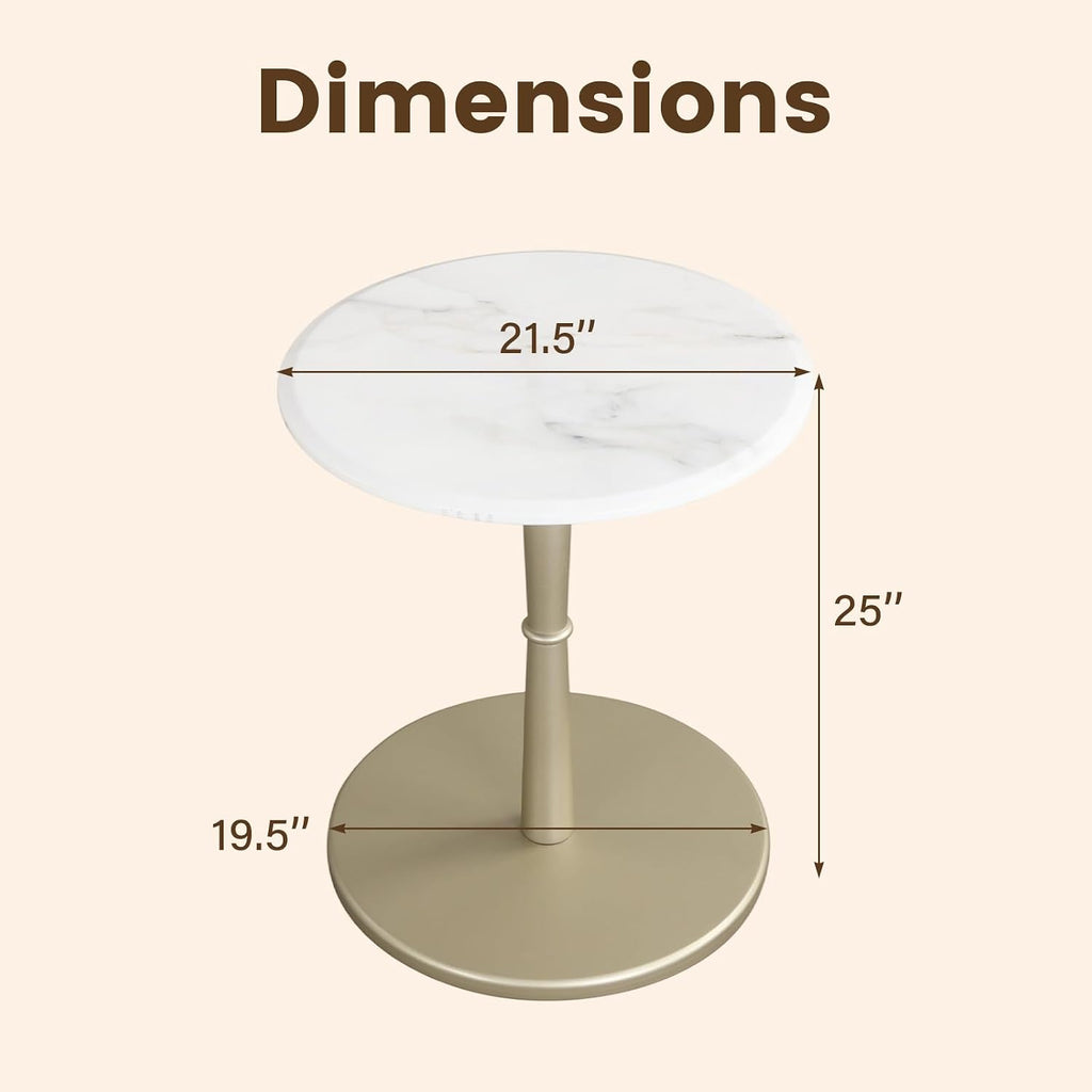 Giantex Round Marble Side Table, Modern Sofa Couch End Table w/Stone Finish & Wooden Pedestal, Coffee Drink Tables, Accent Bedside Night Stand for Bedroom Living Room Small Spaces (White & Gold,1)