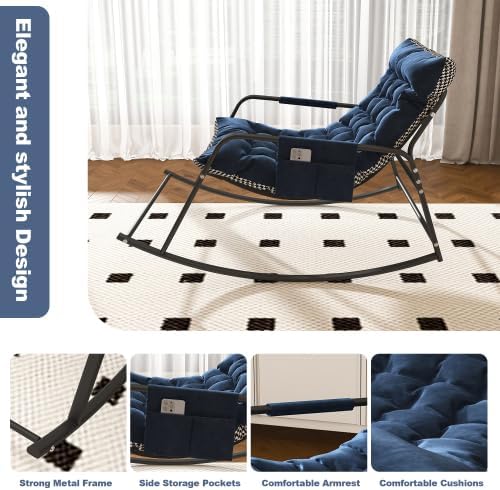 Blue Upholstered Rocking Chair for Nursery Living Room, Glider Rocker with Side Pocket and Padded Cushion, All Season Accent Armchair for Bedroom Porch Garden, Breathable