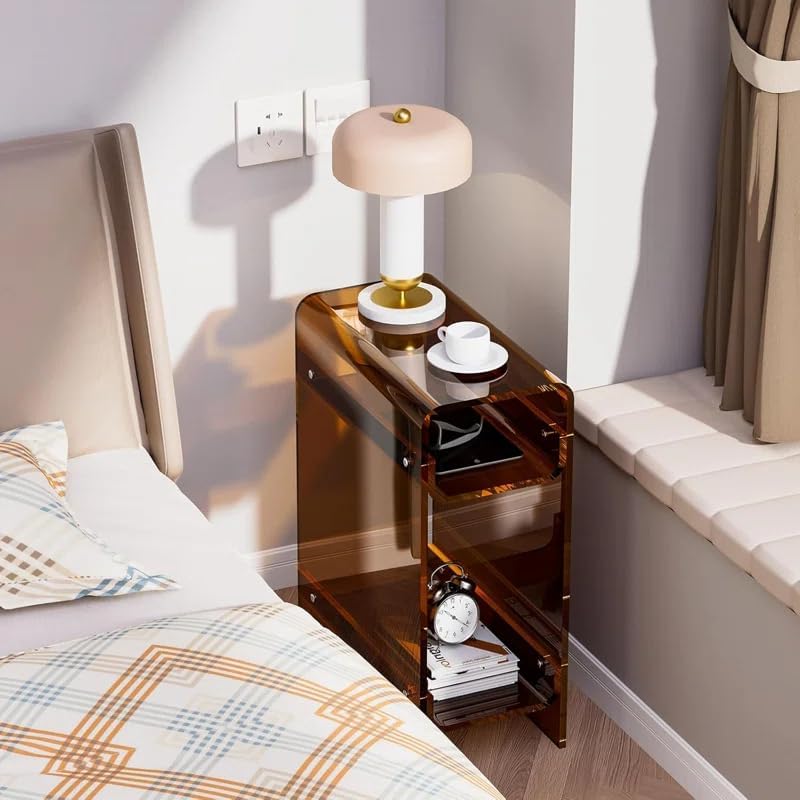 Acrylic End Table with Storage, Narrow Slim Side Table for Small Spaces Skinny nightstand Bedside Table for Bedroom, Living Room, Office (Brown)