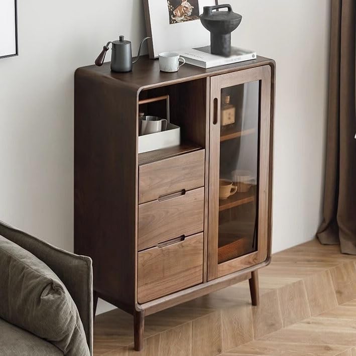 Sideboard Buffet Cabinet Black Walnut Sideboard Wine Cabinet Dining Side Glass Door Storage Furniture Living Room Entrance Decoration