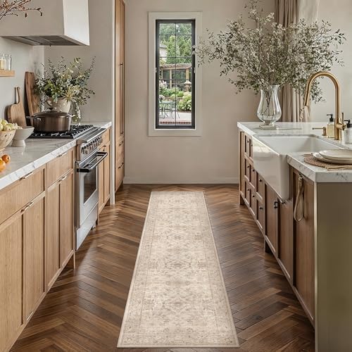 2x8 Beige Washable Runner Rug for Hallway Kitchen Soft Low Pile Lightweight Runner Rug Non Slip Vintage Accent Carpet Bathroom Front Door Beside Bed Home Decor