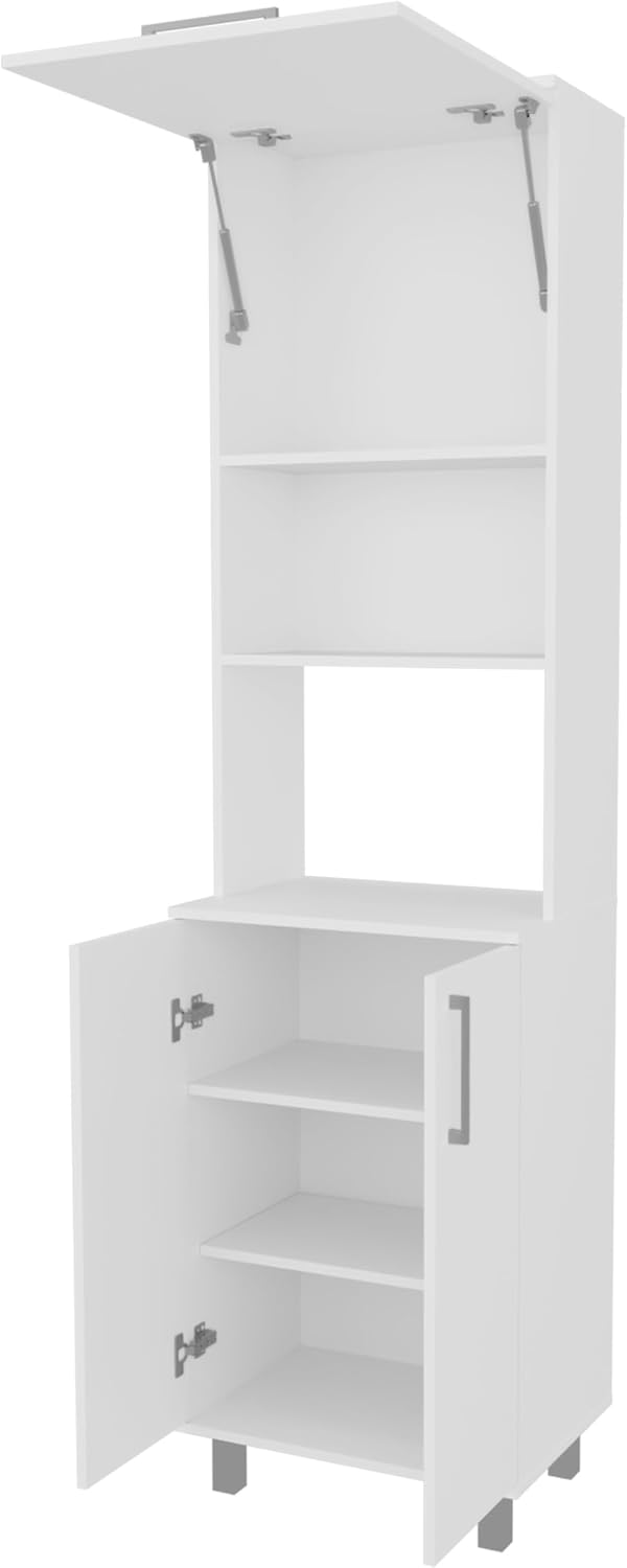 Kitchen Pantry with 2 Pneumatic Door, Open Storage, and Bottom Cabinet, White.