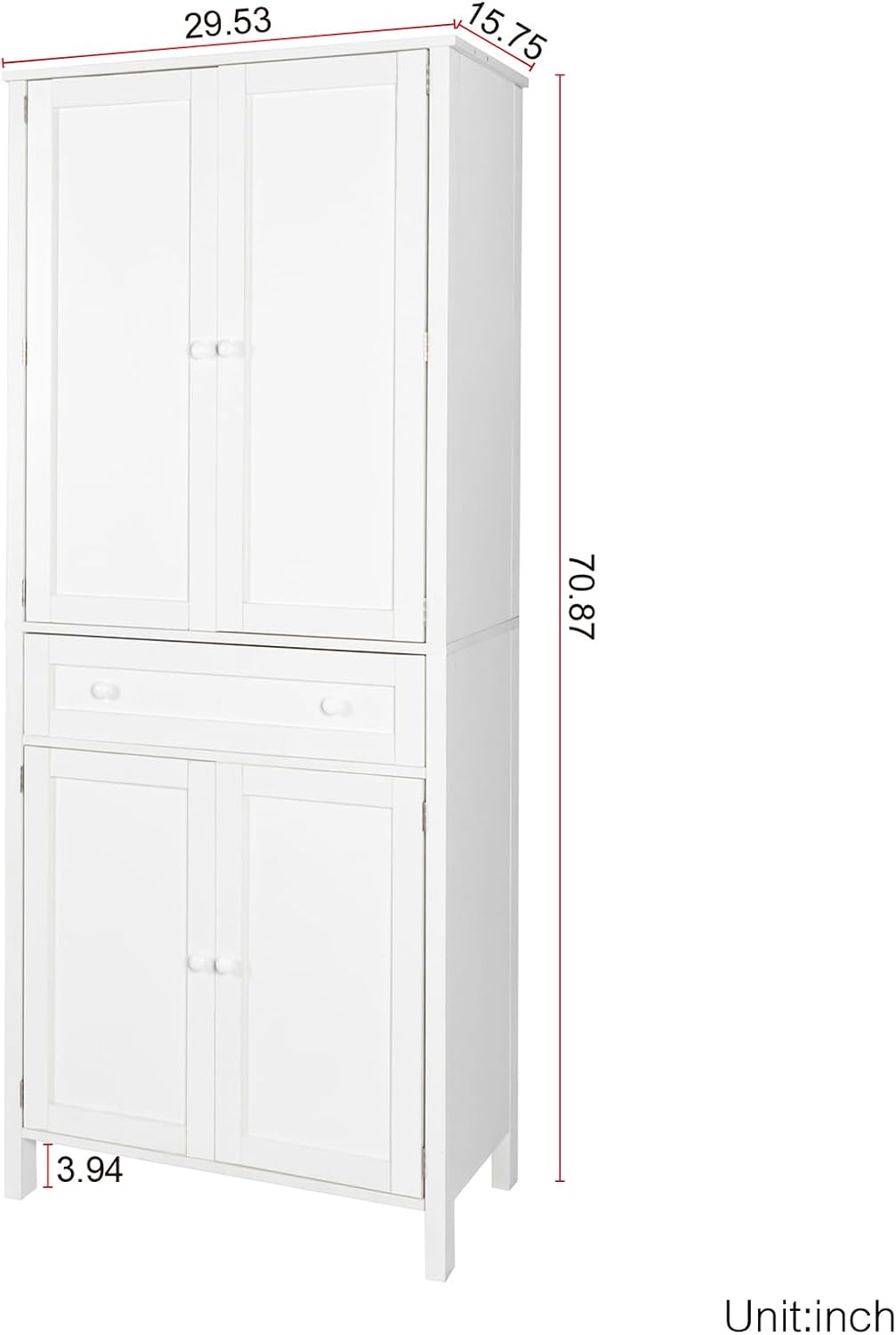 70.87" Tall Kitchen Pantry Storage Cabinet with 4 Doors and Drawer, White Wood Cupboard Locker with and Adjustable Shelves for Kitchen, Dining Room, Living Room, 29.53 inch