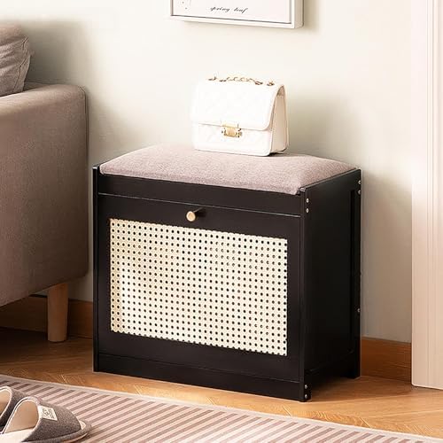 Elegant Bamboo Shoe Rack with Foldable Drawers & Cushion Slim 70cm Space-Saving nizer for Sneakers Heels & Slippers - Stylish Black Entryway Storage Solution