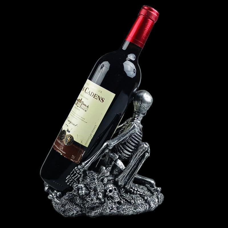 Gothic Skull Decorated Wine Bottle Rack, Halloween countertop Small Wine Rack, Room Emotional Decoration (Silvery)