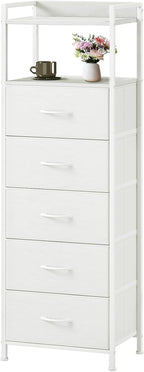 Somdot Tall Nightstand with 5 Drawers, Vertical Fabric Dresser for Bedroom | Storage Tower for Bedside, Hallway, Entryway, Kids Room and Closet, White