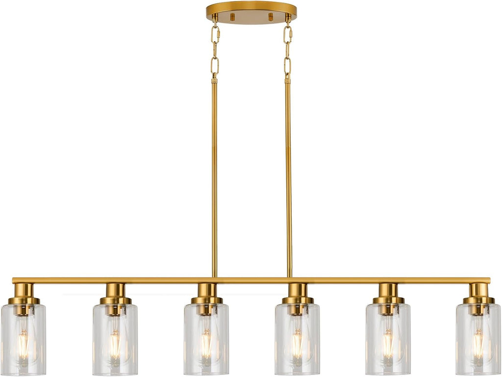 Kitchen Island Lighting, 6-Light Modern Dining Room Light Fixture Over Table,44.3'' Vintage Farmhouse Gold Linear Chandelier, Industrial Pendant Lights for Kitchen Island with Clear Glass Shade