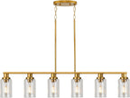 Kitchen Island Lighting, 6-Light Modern Dining Room Light Fixture Over Table,44.3'' Vintage Farmhouse Gold Linear Chandelier, Industrial Pendant Lights for Kitchen Island with Clear Glass Shade