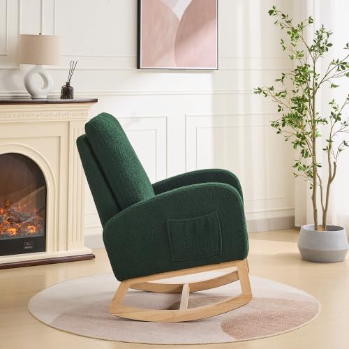 Green Upholstered Sherpa Rocking Chair for Nursery Bedroom, High Backrest Rocker Glider with Side Storage Pocket, Modern Accent Armchair for Living Room, Rubber Wood Legs