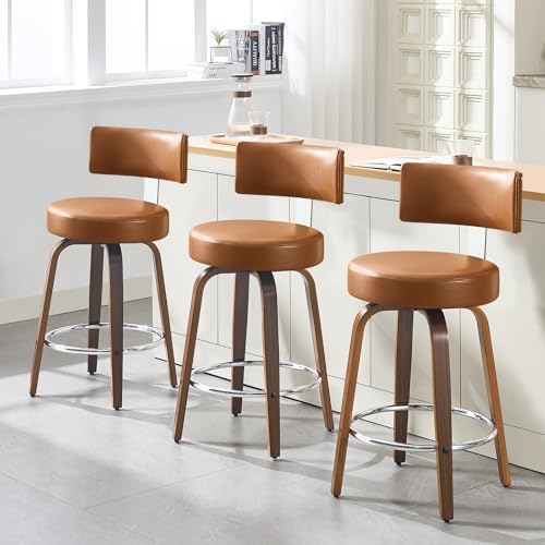 Bekrvio Swivel Counter Height Bar Stools Set of 3, 26" Faux Leather Kitchen Stools Upholstered Barstools with Back and Walnut Wood Legs, Mid Century Island Chairs Counter Stools, Brown