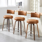 Bekrvio Swivel Counter Height Bar Stools Set of 3, 26" Faux Leather Kitchen Stools Upholstered Barstools with Back and Walnut Wood Legs, Mid Century Island Chairs Counter Stools, Brown