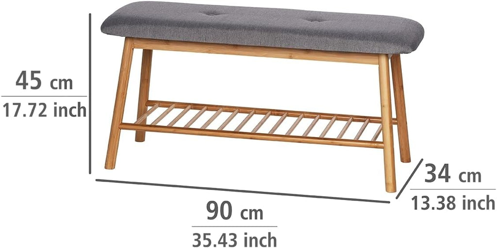 WENKO Entryway Bench with Shoe Storage, Shoe Storage Bench, Shoe Bench with Padded Seat, Bamboo Shoe Rack, Shoe Shelf, Grey, 90 x 45 x 34 cm