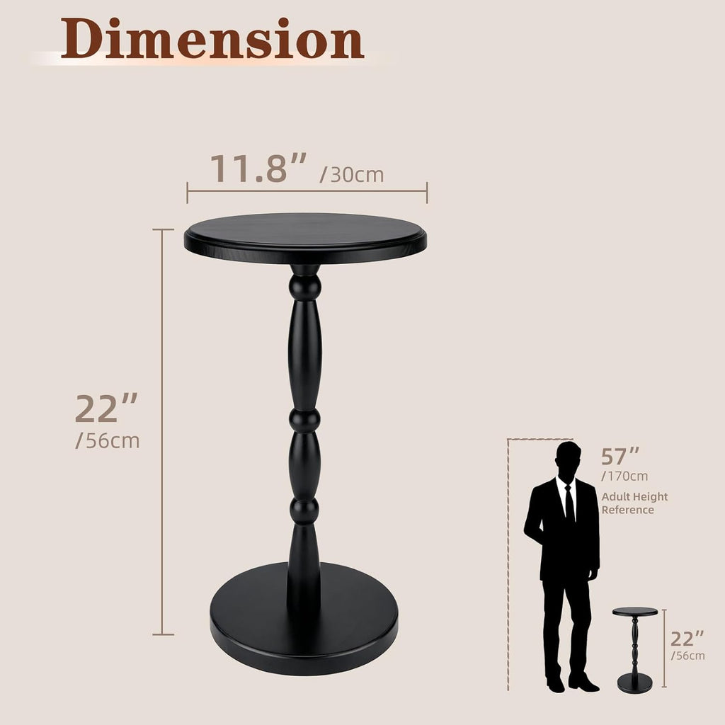 SANY DAYO HOME 12" Real Wood Round Drink Table, Small Pedestal Side Table with Decorative Beaded Design, Accent End Table for Living Room and Bedroom, Black