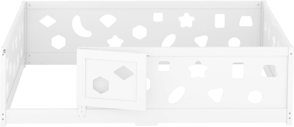 Full Size Floor Bed with Heightened Safety Guardrails and Door, Solid Wood Bede with Rails for Girls, Boys, Teens, Child Bedroom, Playroom, No Slats Included, White EC170