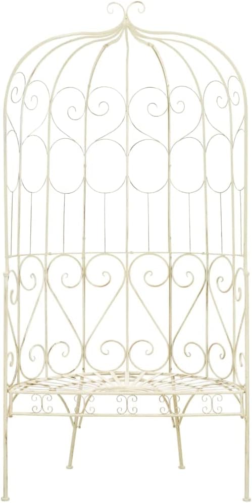 Wrought Iron Garden Bench, 2-Seater Antique White Metal Outdoor Patio Furniture with Decorative Inlays for Backyard, Porch, and Conservatory