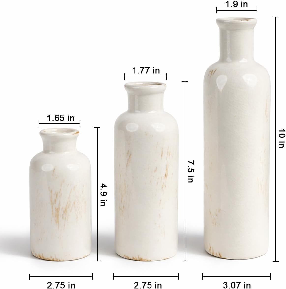 White Ceramic 3 Piece Vase Set, Vintage Farmhouse Decorative Home Decor Vases for Living Room & Kitchen, Distressed Crackle Glaze Flower Vases for Table Bookshelf Mantel & Office