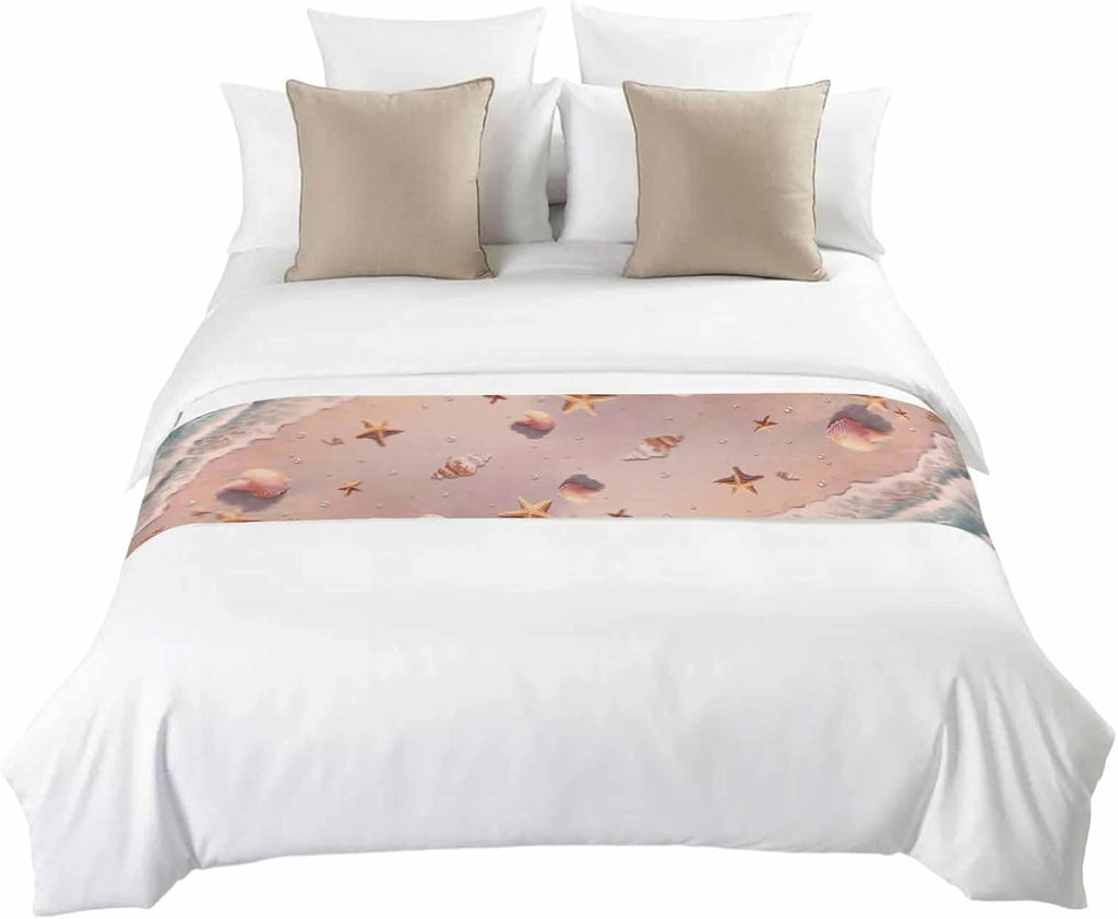 Summer Beaches Bed Runner for King Size Bed, 102"x20" Nautical Ocean Pink Wave Sea Nut Starfish Pearl Luxury Bed Runners & Scarves Decorative Bedding Scarf Protector Slipcover for Home Hotel