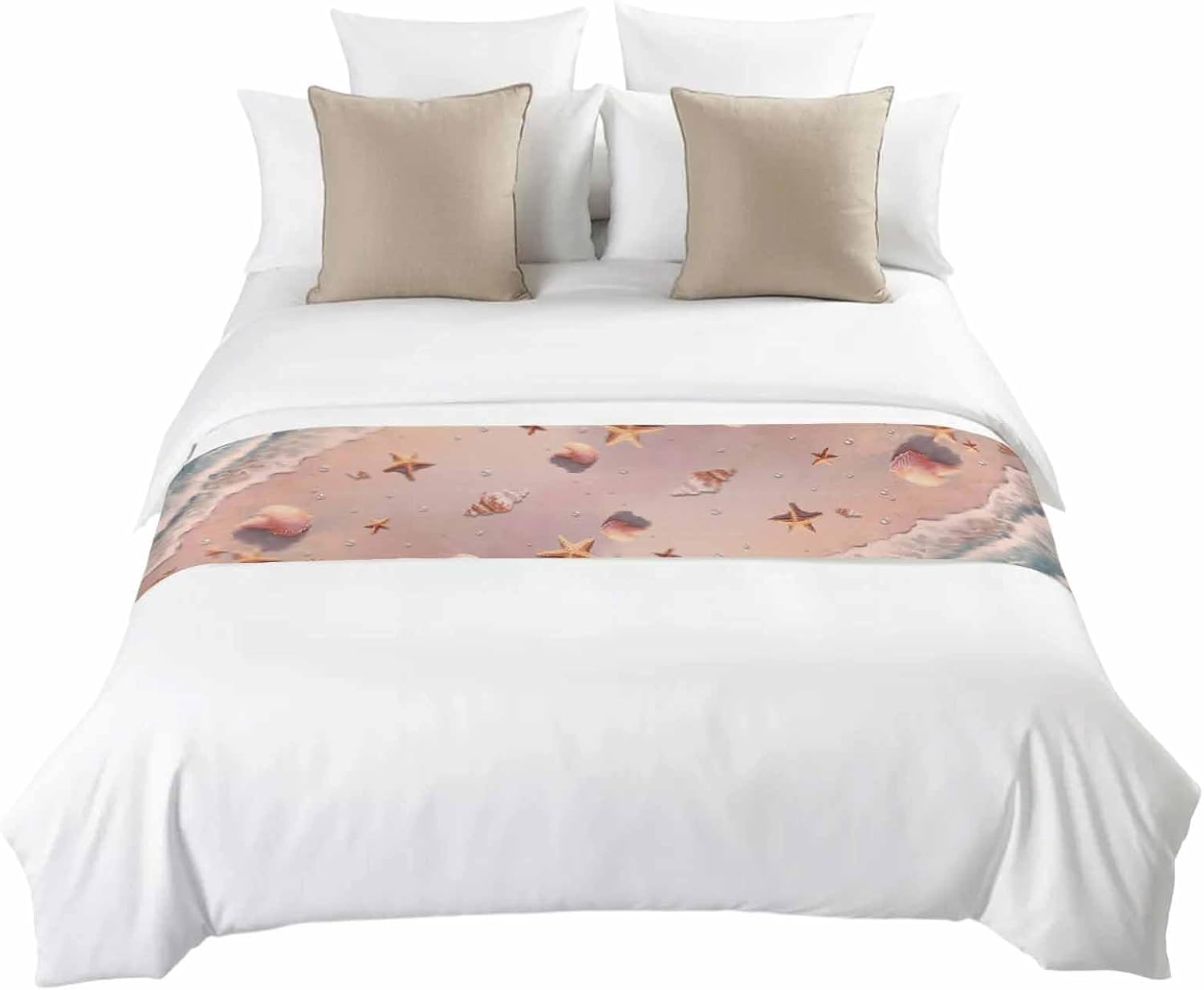 Summer Beaches Bed Runner for King Size Bed, 102"x20" Nautical Ocean Pink Wave Sea Nut Starfish Pearl Luxury Bed Runners & Scarves Decorative Bedding Scarf Protector Slipcover for Home Hotel