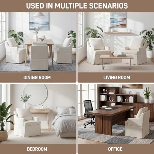 UVV Upholstered Dining Chairs Set of 2, Modern Kitchen Chair Dining Room Chair with 4 Casters, Linen Armchair for Bedroom Reading Room Living Room, Beige