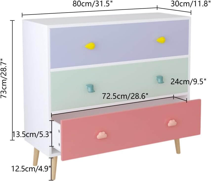 Modern Nightstand with 3 Drawer, Wooden Bedside Table for Kids Room, Toddler Childs Storage Cabinet with Euro Glides, Safety Anti-Tip Design, Easy Assembly, Colorful Finish, 2026 Upgrade (Colorful)