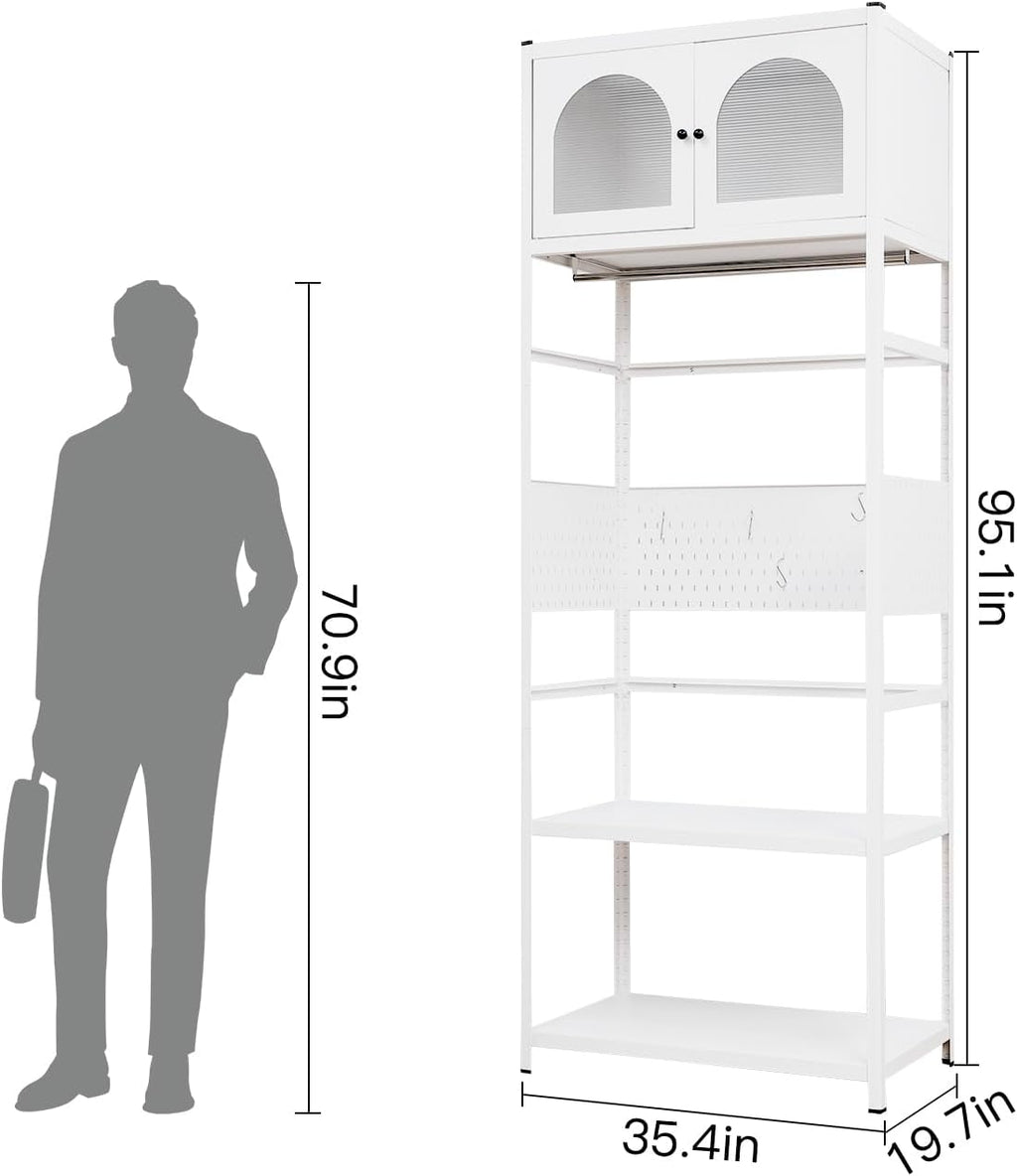 White Steel Wardrobe with Arched Sunlight Panel Doors, Hanging Rail, Open Shelves, 95.1 in Tall, Modern Bedroom Closet Organizer (White1)