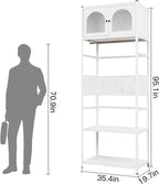 White Steel Wardrobe with Arched Sunlight Panel Doors, Hanging Rail, Open Shelves, 95.1 in Tall, Modern Bedroom Closet Organizer (White1)