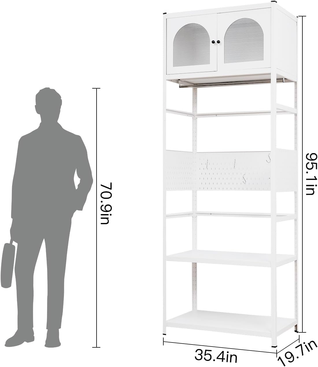 White Steel Wardrobe with Arched Sunlight Panel Doors, Hanging Rail, Open Shelves, 95.1 in Tall, Modern Bedroom Closet Organizer (White1)